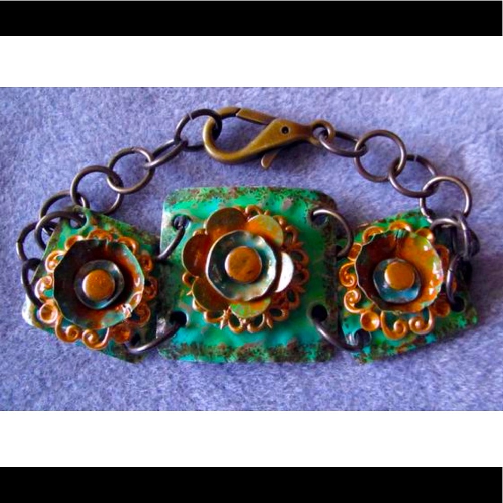 Layered Floral Metal Boho Bracelet Teal Green Rust